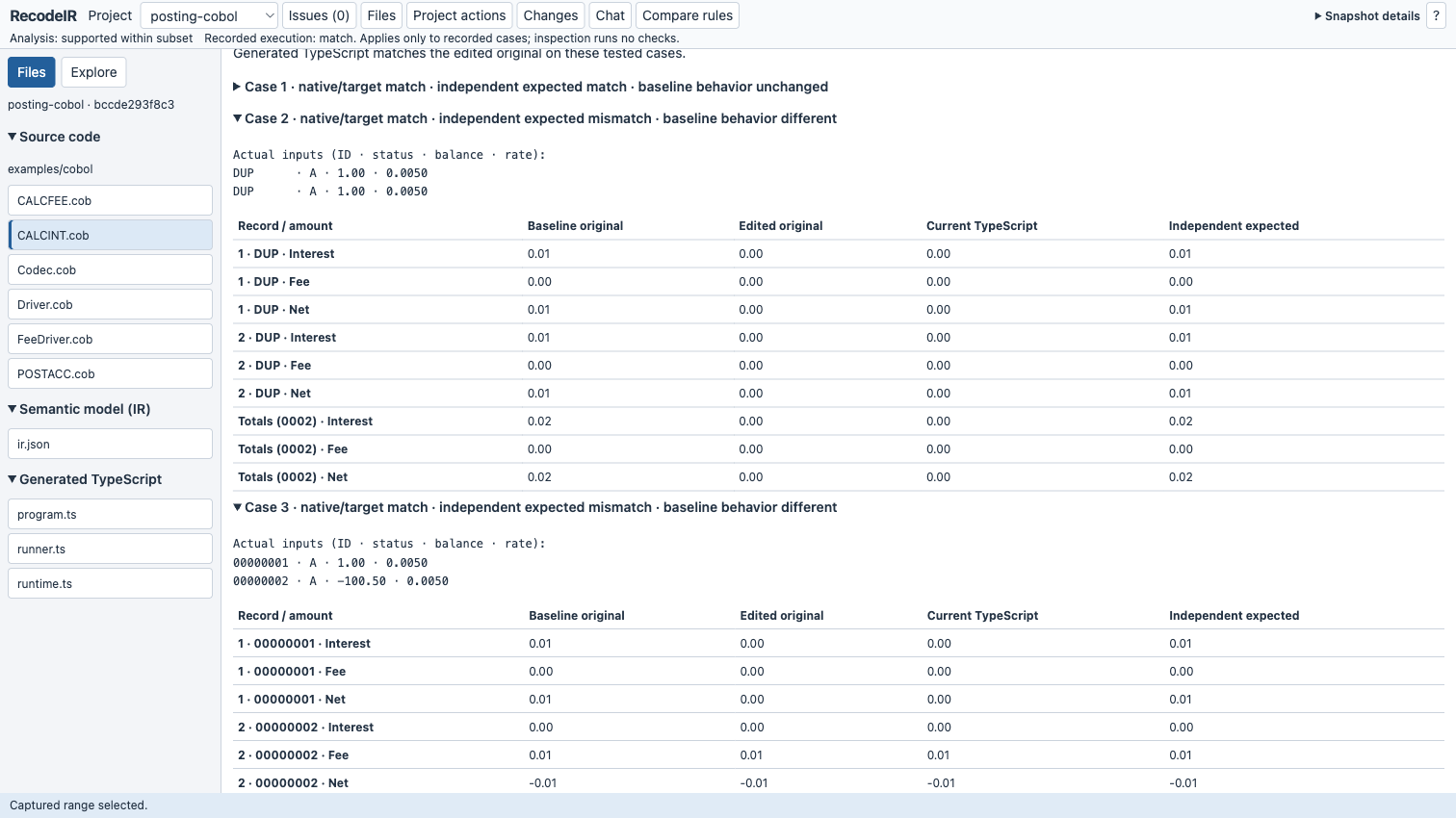 RecodeIR comparison: edited COBOL and regenerated TypeScript total 0.00, while the baseline and original expected total remain 0.02.
